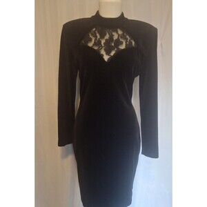 VTG 80s Black Velvet Dress Lace high neck Goth Glam Witchy sheath sz M